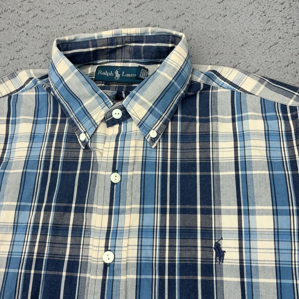 Ralph Lauren Button Down Mens Large Blue Plaid Custom Fit Long Sleeve Pony Logo